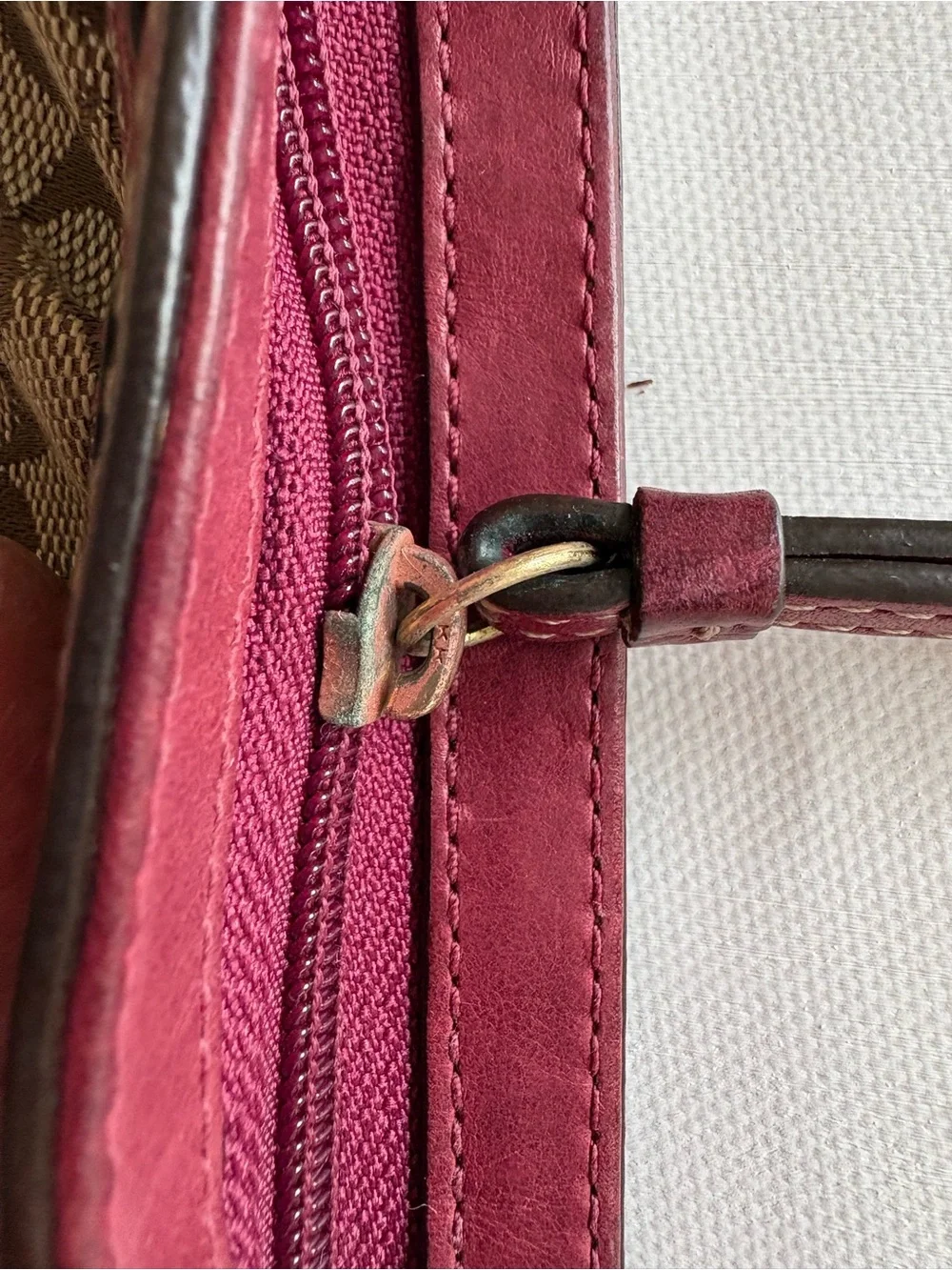 Coach Brown Signature Canvas Wristlet with Burgundy Trim
